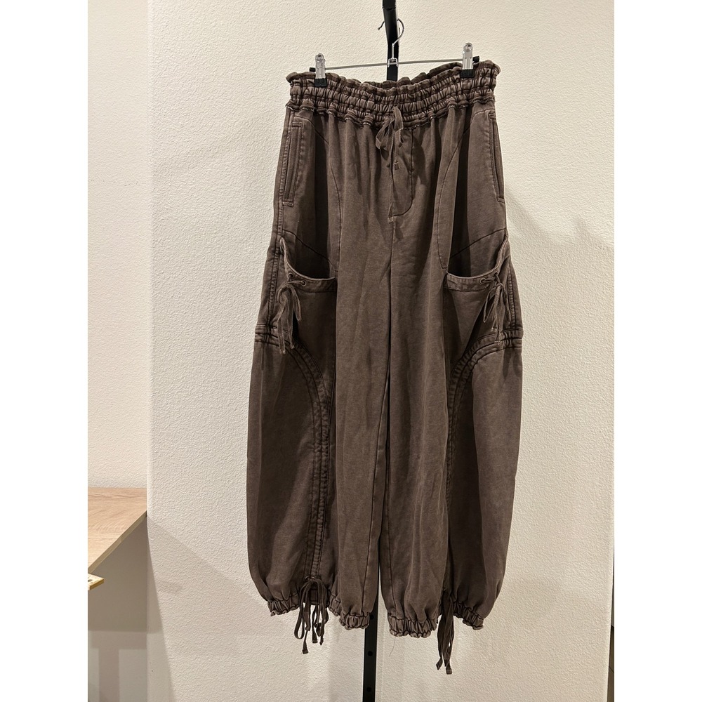 NWT Mittoshop Brown Mineral Wash Cargo Drawstring Pocket Jogger Pants Size Large